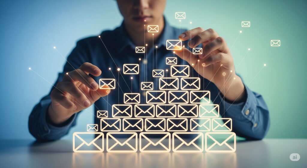 A person interacts with floating digital envelope icons arranged in a pyramid, symbolizing email marketing and communication, with a blue-green gradient background.
