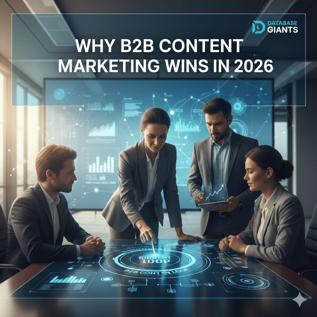 Four business professionals in formal attire discuss data at a conference table with digital charts projected on a transparent screen. Text reads, “Why B2B Content Marketing Wins in 2026.” Database Giants logo appears, highlighting Content Marketing 2026.