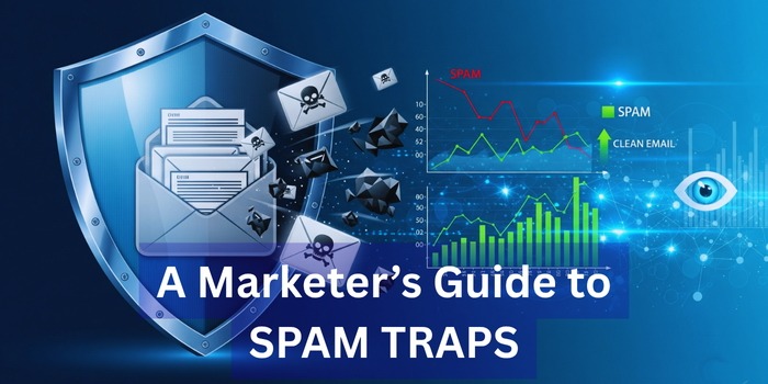 A digital illustration shows a shield with envelopes and warning signs, charts with spam and clean email data, and the text “A Marketer’s Guide to SPAM TRAPS” in bold white letters.