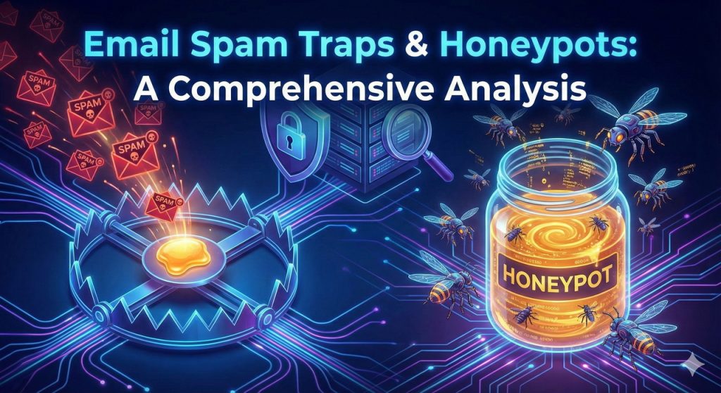 Illustration showing a digital bear trap with spam emails, a shield icon, and a honey jar labeled "Honeypot" surrounded by bees, highlighting email spam traps and honeypots with the text "Email Spam Traps & Honeypots: A Comprehensive Analysis.