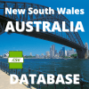 Image of the Sydney Harbour Bridge with the Sydney Opera House and city skyline visible in the background. The text reads "New South Wales AUSTRALIA DATABASE" alongside a green .CSV icon. Perfect for compiling a comprehensive New South Wales (NSW) Residential Directory Database.