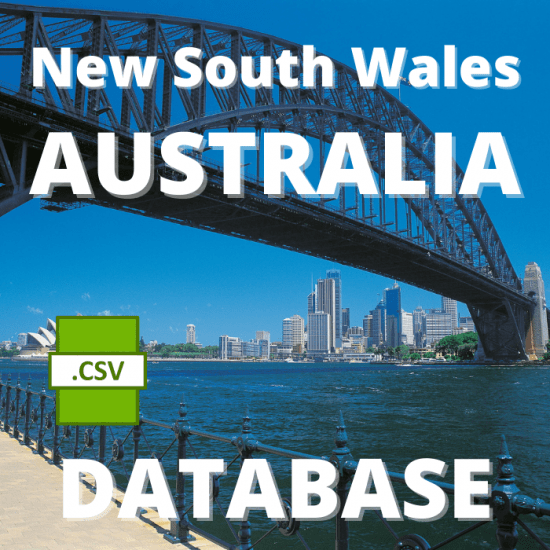 Image of the Sydney Harbour Bridge with the Sydney Opera House and city skyline visible in the background. The text reads "New South Wales AUSTRALIA DATABASE" alongside a green .CSV icon. Perfect for compiling a comprehensive New South Wales (NSW) Residential Directory Database.