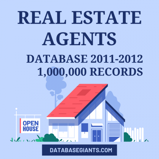 A graphic with the text "REAL ESTATE AGENTS DATABASE AND EMAIL LISTS 2012 USA" at the top. Below is an illustration of a house with a red roof, a tree, and a fence. A sign near the house reads "OPEN HOUSE." At the bottom, it says "DATABASEGIANTS.COM.