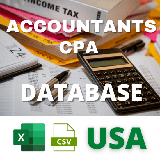 A calculator is placed on top of various financial documents and forms with a text overlay reading "Accountants & CPA B2B Leads Database & Email Lists USA." Icons for Excel and CSV file formats, along with "USA," are displayed at the bottom of the image, emphasizing its significance to accountants across the USA.
