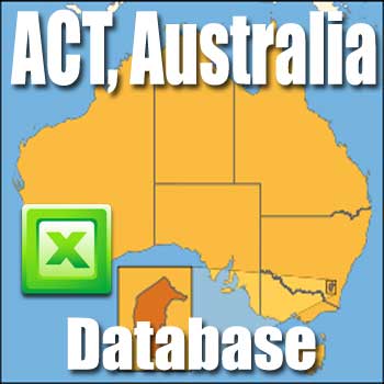 A map of Australia with the Australian Capital Territory (ACT) highlighted in orange. An icon of a green Excel logo is located in the bottom left corner. At the top, large white text reads "ACT, Australia," and at the bottom, it reads "Australian Capital Territory (ACT) Business Directory, Australia.