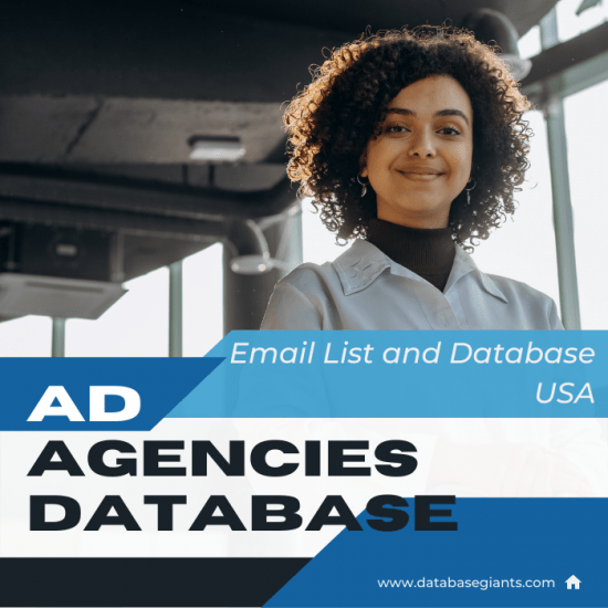 A woman with curly hair stands smiling in a brightly lit indoor space. The text on the image reads, "Advertising Agency Database & Email Lists USA," with a website URL "www.databasegiants.com" at the bottom right corner.