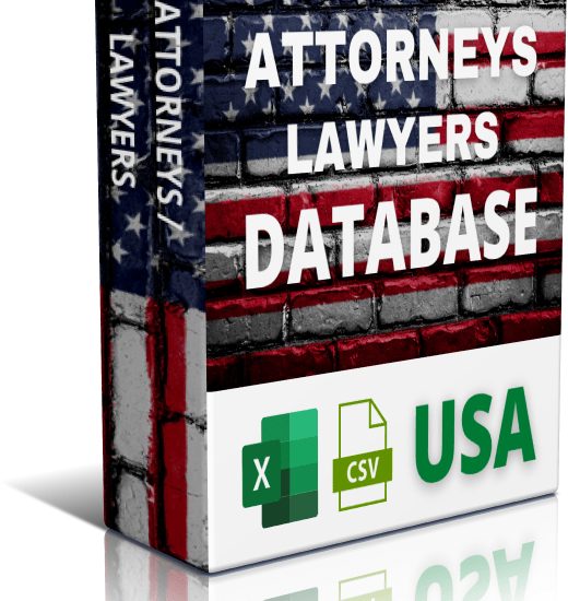 A 3D-rendered software box showcasing the text "Attorneys & Lawyers B2B Database & Email Lists USA" in white on a backdrop incorporating the American flag, perfect for B2B Database requirements. The box also features icons for Excel and CSV files, with "USA" noted below them.