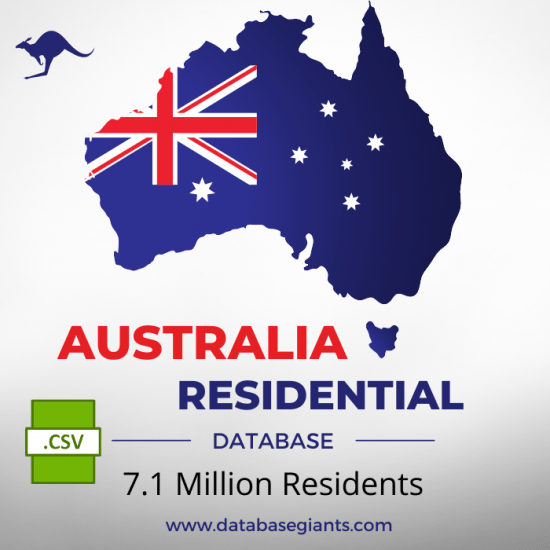 An image of Australia's map with its flag inside, labeled "Australia Residential Directory Database." A .CSV file icon is shown with the text "7.1 Million Residents." The website "www.databasegiants.com" is displayed at the bottom.