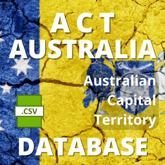 Text overlay on a cracked background with the flag of the Australian Capital Territory. The text reads "A C T Australia Australian Capital Territory Residential Directory Database," accompanied by a green icon labeled ".CSV".