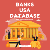 A promotional graphic featuring a large bank building with three animated characters. One holds a dollar sign, another holds a yen sign, and the third stands beside a piggy bank. The text reads, "Banks Database USA" with a "Buy Now!" button and website link.