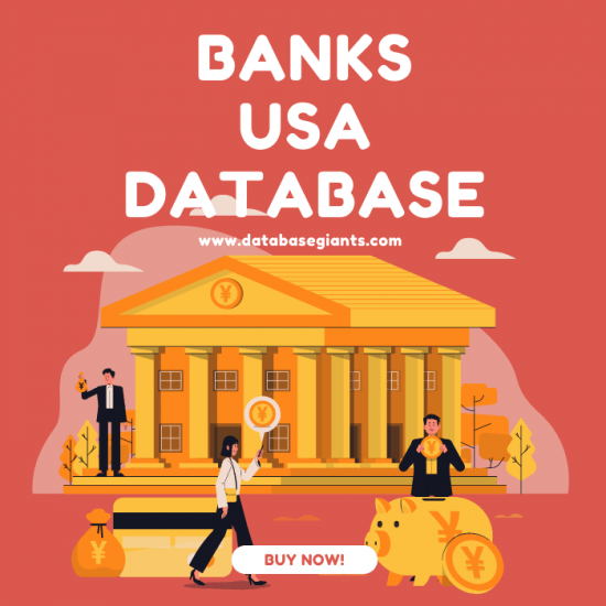 A promotional graphic featuring a large bank building with three animated characters. One holds a dollar sign, another holds a yen sign, and the third stands beside a piggy bank. The text reads, "Banks Database USA" with a "Buy Now!" button and website link.