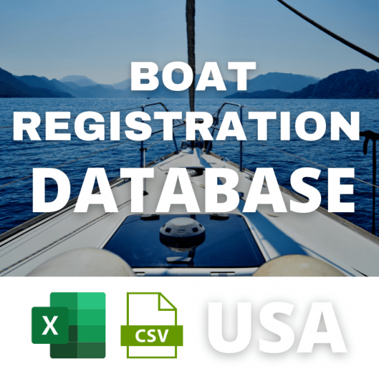 A sailboat's deck with mountains in the background. Overlay text reads "Boat Registration DMV Database Directory USA." Icons of a spreadsheet and CSV file are positioned next to "USA" at the bottom, highlighting the comprehensive Boat Registration DMV Database Directory available for users.