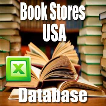 An image featuring the text "List of Book Stores USA" with a Microsoft Excel logo. The background shows stacks of books on shelves, with an open book in the center, emphasizing a comprehensive database of book stores in the USA.