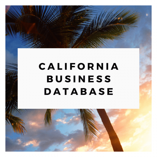 A palm tree with a sunset sky in the background. In the center, a white box with black text reads, "California B2B Business Database and Email Lists.