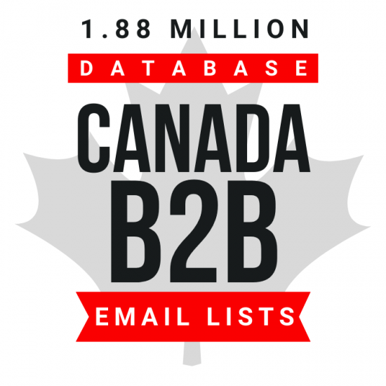 An image featuring the text "Canada Business B2B Database & Email Lists" with a stylized maple leaf in the background. The words "Database" and "Email Lists" are highlighted in red.