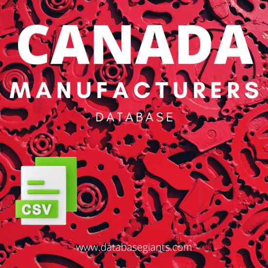 Image showing various interlocking red gears in the background. Overlaid text reads "CANADA MANUFACTURERS DATABASE & EMAIL LIST." An icon depicting stacked documents and a green label with "CSV" is at the bottom left. The website "www.databasegiants.com" is at the bottom, providing a comprehensive resource for industry professionals.