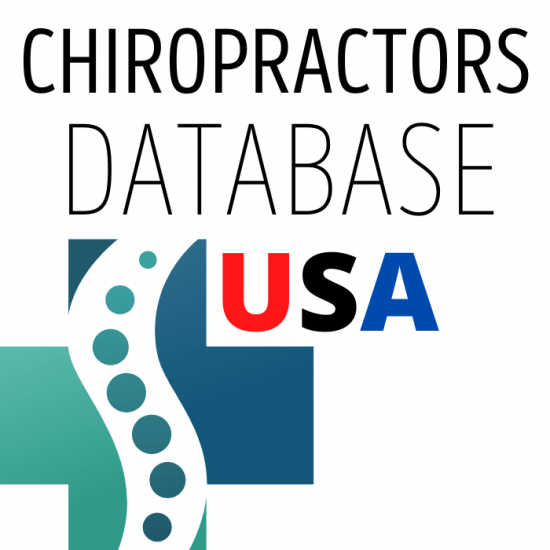 Logo for "Chiropractors Database and Email Lists USA" featuring a teal spinal column graphic overlaying a blue cross, with the word "USA" in red, black, and blue letters—perfect for Email Lists USA.