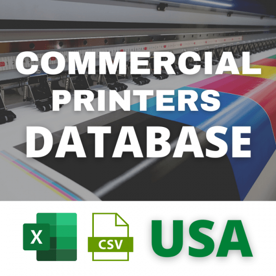 An image displaying a large commercial printer churning out colorful prints. The text "Commercial Printers B2B Database Email Lists USA" is overlaid on the image. Below, there are icons for Excel and CSV files adjacent to the word "USA" in green letters.