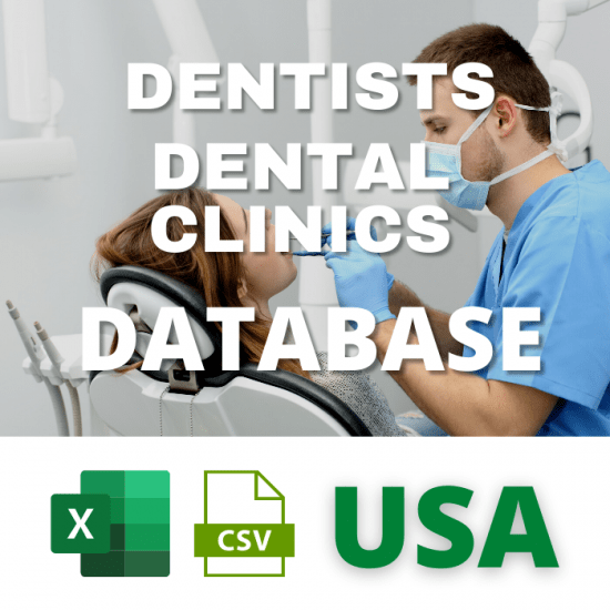 A dentist in blue scrubs and a face mask examines a patient in a dental chair. The overlay text reads "Dentists B2B Sales Leads & Email Lists - Dental Clinics USA." Below, there are icons for Excel (X), CSV file formats, and the USA.