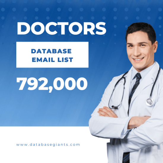 An image promoting a Doctors Database Marketing Lists Directory USA email list features a smiling man in a white lab coat with a stethoscope around his neck, standing with arms crossed. Text reads, "Doctors Database Email List 792,000." The website www.databasegiants.com is at the bottom.