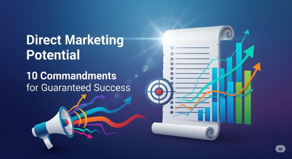 A scroll with checkmarks and upward graphs appears next to the text "Direct Marketing Potential: 10 Commandments for Guaranteed Success," highlighting key marketing commandments, with a megaphone emitting colorful lines on a blue background.