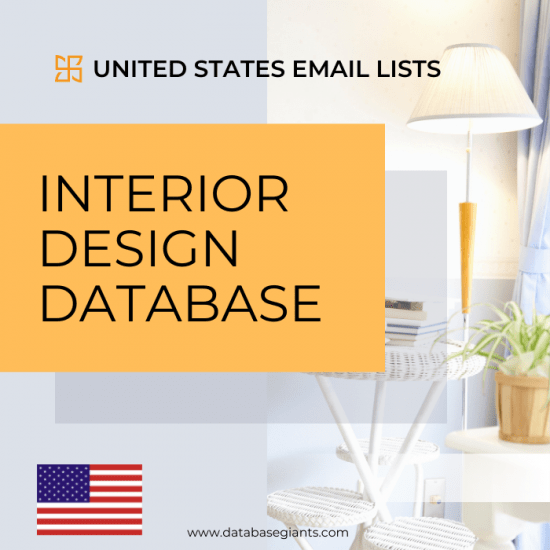 A promotional image for the "Interior Designers Database & Email Lists USA" by United States Email Lists features a lamp, a white wicker table, and some chic interior decor. The bottom left corner proudly displays an American flag. Visit www.databasegiants.com to connect with top interior designers.