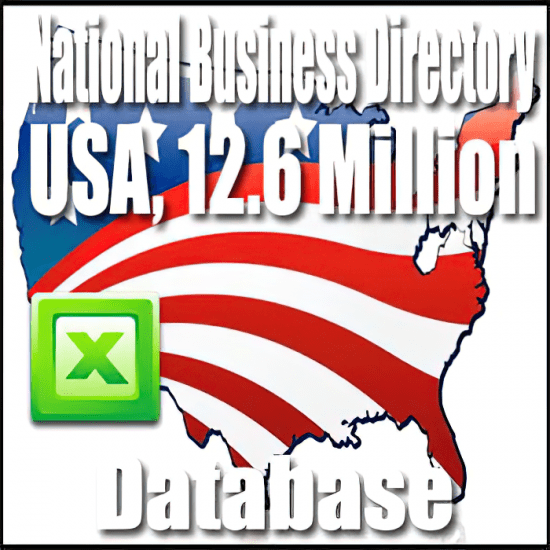 A map of the USA is overlaid with a stylized American flag. Text reads "National Business Directory Database USA, 12.6 Million Entries" alongside an Excel file icon, emphasizing the extensive coverage of the national business directory across the country.