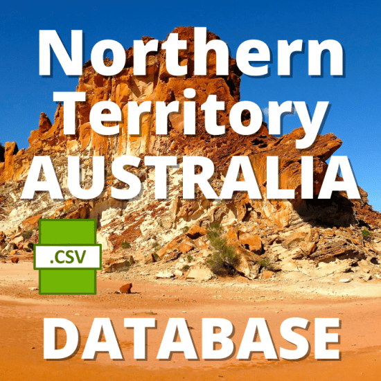 A rocky landscape under a clear blue sky with the text "Northern Territory (NT) Residential Directory Database" superimposed in large white letters. A green icon representing a .CSV file appears to the left of the word "DATABASE.