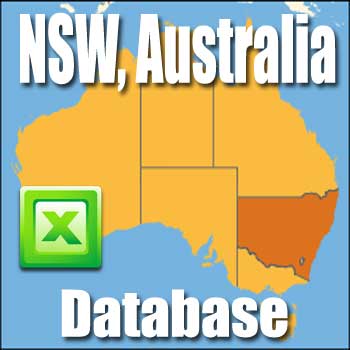 A graphic displays a map of Australia with New South Wales highlighted in brown. The text "New South Wales (NSW) Business Directory, Australia" appears at both the top and bottom of the image. An Excel icon is shown on the left side, indicating that this directory is available in a comprehensive Excel format for New South Wales businesses.