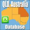 An image of a map of Australia with the region of Queensland (QLD) highlighted. The text "Queensland (QLD) Business Directory, Australia" is written above and below the map. An Excel icon is also present in the bottom left corner.