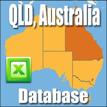 An image of a map of Australia with the region of Queensland (QLD) highlighted. The text "Queensland (QLD) Business Directory, Australia" is written above and below the map. An Excel icon is also present in the bottom left corner.
