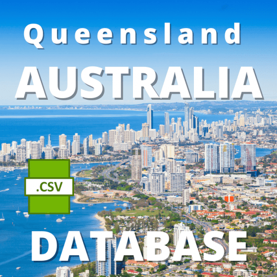 Aerial view of a modern coastal city, with the text "Queensland (QLD) Residential Directory Database" prominently displayed and a green icon labeled ".CSV". The image suggests a downloadable database related to Queensland, Australia, in CSV format.