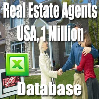 An image displaying a brochure or promotional material for the Real Estate Agents Database and Email Lists 2012 USA. The text reads, "Real Estate Agents Database and Email Lists 2012 USA, featuring a comprehensive list of over 1 million contacts." In the background, two women are shaking hands in front of a house with a "For Sale" sign.