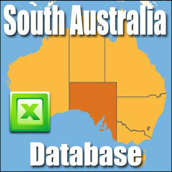 The image depicts a map of Australia with South Australia highlighted in orange. "South Australia (SA) Business Directory and Database" is prominently written at the top, and "Database" at the bottom. A Microsoft Excel icon is positioned to the left, symbolizing a directory for South Australian enterprises.