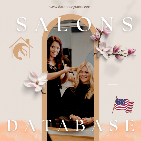 A hairdresser is styling a smiling woman's hair in a bustling beauty salon, with decorative floral elements and an American flag graphic in the background. The text reads, "Beauty Salon / Barber Shops Database USA." The website "www.databasegiants.com" is at the top. Experience the best of USA barber shops and salons!