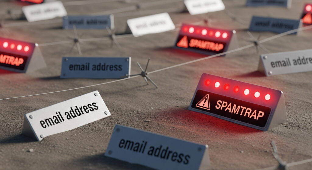A group of signs labeled "email address" are scattered on the ground next to warning barriers, while one illuminated sign in the foreground labeled "SPAMTRAP" flashes red lights—highlighting risks in careless email list management.