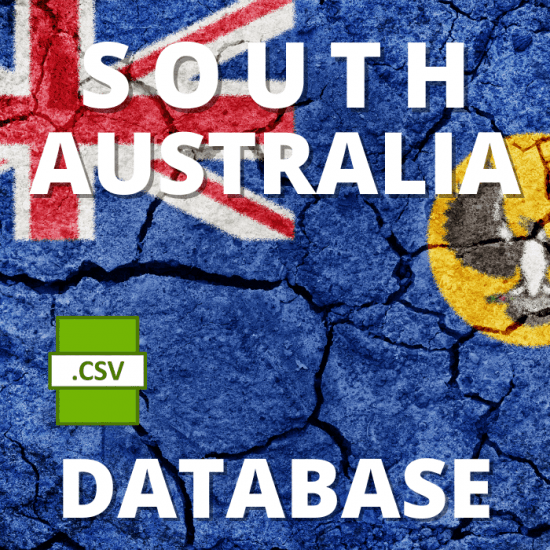 An image featuring a cracked texture overlay showcases the South Australia flag. The text "South Australia (SA) Residential Directory Database" is prominently displayed, accompanied by a graphic of a green file icon labeled ".CSV" to the left of the word "Database.