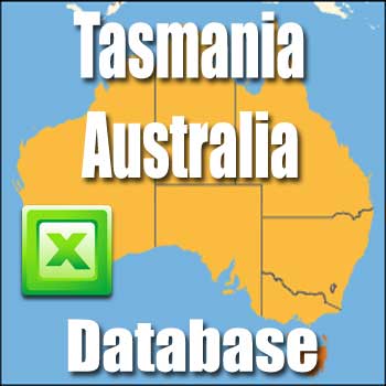 An illustration of Australia's map with Tasmania highlighted in orange and the text "Tasmania (TAS) Business Directory, Australia" overlaid. An Excel icon is present in the lower left, indicating a database related to Tasmania, Australia.