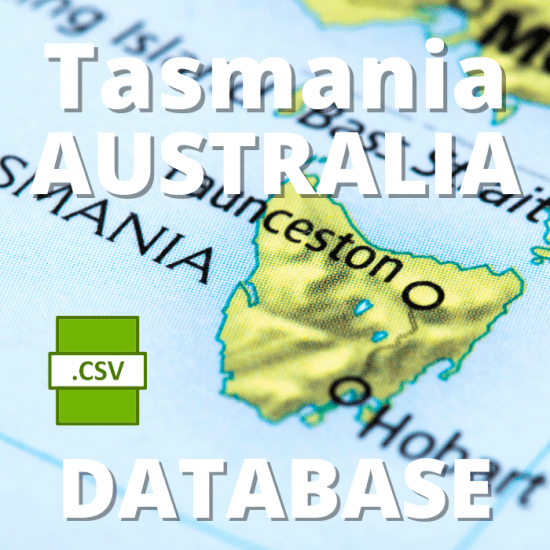 A close-up image of Tasmania, Australia, from a map. Text overlay includes "Tasmania", "Australia," and "Tasmania (TAS) Residential Directory Database." A green icon with ".CSV" also appears. Major cities like Launceston are visible.