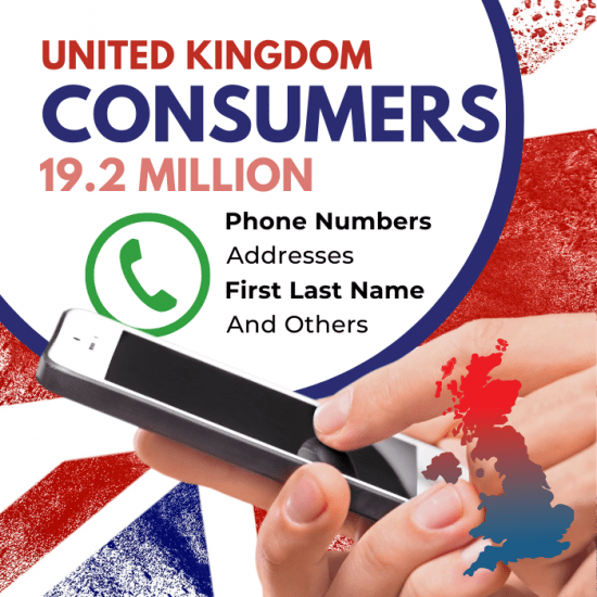 An infographic titled "UK Consumer Telemarketing Database B2C Sales Leads" showcases the text "19.2 Million" prominently in striking red. It features a phone icon and details like "Phone Numbers, Addresses, First Last Name, And Others." A hand is depicted holding a smartphone against a UK-themed red, white, and blue background with an outline of the UK map—perfect for targeting UK consumer telemarketing or acquiring B2C sales leads.