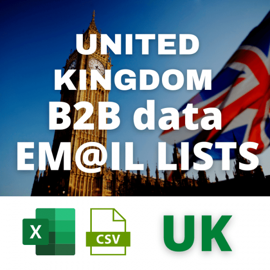 An image featuring the text "UK Business Database B2B Sales Leads & Email Lists" is set against a backdrop of Big Ben with a blurred Union Jack flag. Below the text, Excel and CSV file format icons are displayed alongside a "UK" label, highlighting access to an extensive UK business database.