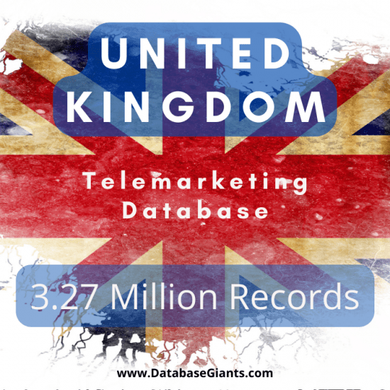 Image of a promotional graphic. It features the United Kingdom flag with a grunge effect. Text in the center reads "UK Telemarketing Business Database 3.27 Million Records" and "www.DatabaseGiants.com" at the bottom, highlighting our extensive UK telemarketing B2B sales leads for targeted marketing needs.