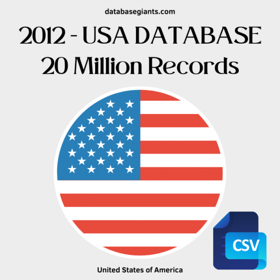 A graphic with the text "2012 - USA Business B2B Telemarketing Database 20 Million Records" above an illustration of the U.S. flag in a circle. Below, there is an icon representing a CSV file, labeled "CSV." The website "databasegiants.com" is shown at the top.