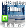 Image of a software package with the text "USA Email Lists 9 Million" and an Excel icon in front. The package is labeled "USA Business Database Email Lists 2011" and includes a caption about the database being for marketing and sales leads.