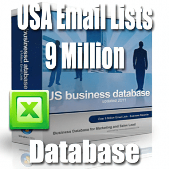 Image of a software package with the text "USA Email Lists 9 Million" and an Excel icon in front. The package is labeled "USA Business Database Email Lists 2011" and includes a caption about the database being for marketing and sales leads.