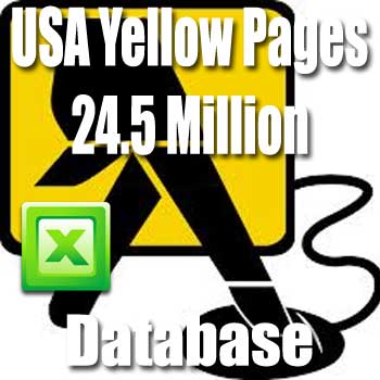 A yellow icon featuring a silhouette of a person talking on a phone is in the background, with text overlay that reads "USA Yellow Pages Database 2012." There is also a green Microsoft Excel logo in the lower left corner.