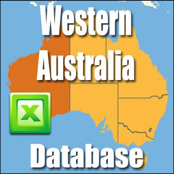 A map of Australia with Western Australia highlighted in brown, featuring overlaid text that reads "Western Australia (WA) Business Directory Database." A green Microsoft Excel icon is positioned on the left side of the map.