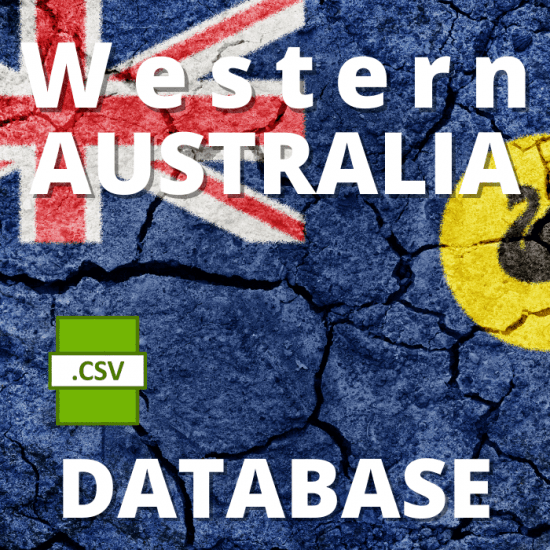 A cracked surface features the Western Australia flag as the background. Overlaid text reads “Western Australia (WA) Residential Directory Database” with a green icon labeled “.CSV” in the bottom left corner, indicating a comprehensive database related to local residences in CSV format.