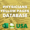 Image of an open Yellow Pages directory book page with the text "PHYSICIANS YELLOW PAGES DATABASE USA" overlaid in white. At the bottom, there are logos for Excel and CSV file formats, along with the word "USA" written in green.