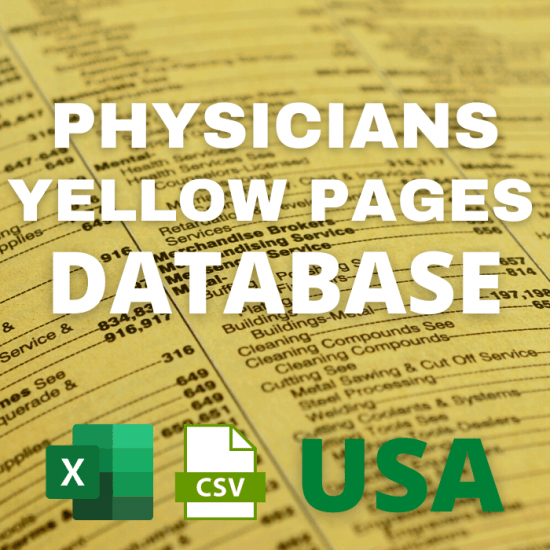 Image of an open Yellow Pages directory book page with the text "PHYSICIANS YELLOW PAGES DATABASE USA" overlaid in white. At the bottom, there are logos for Excel and CSV file formats, along with the word "USA" written in green.